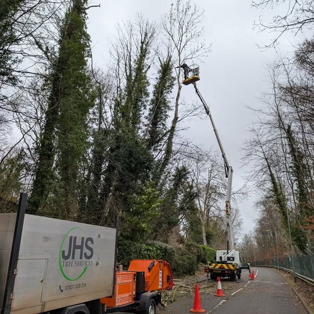 JHS Tree Services branded truck and chipper on a worksite